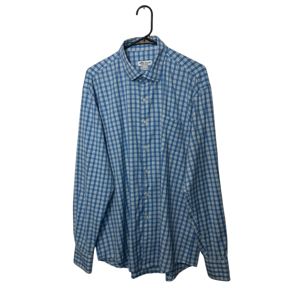 Peter Millar Button Down Mens Large Blue Plaid Summer Comfort Performance Office